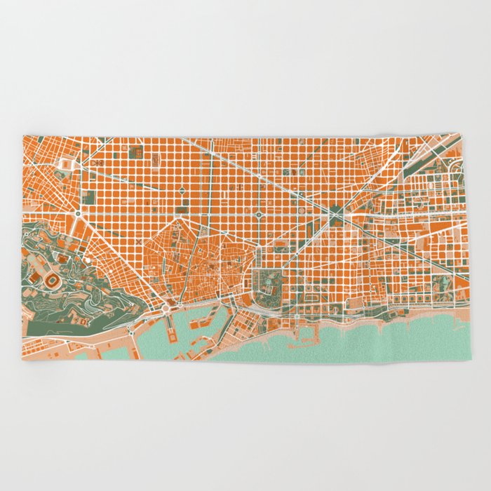 Barcelona city map orange Beach Towel