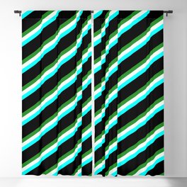 [ Thumbnail: Forest Green, Mint Cream, Cyan & Black Colored Striped Pattern Blackout Curtain ]