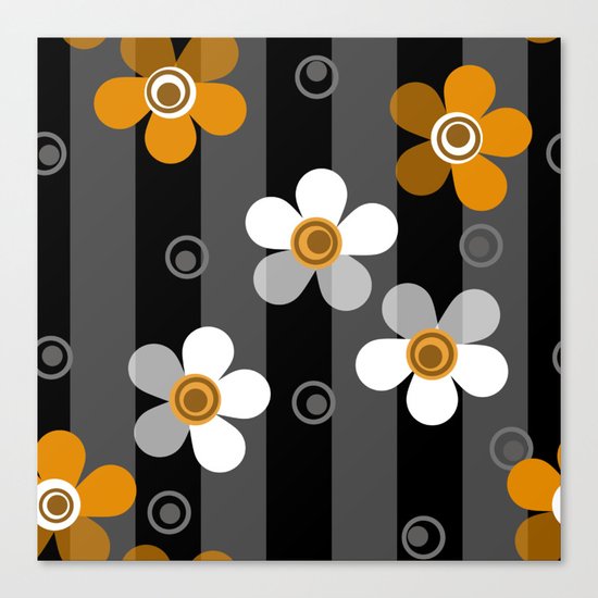 Black and yellow floral pattern on a striped background . Canvas Print