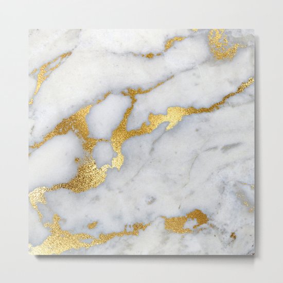 White and Grey Marble and Gold Metal foil Glitter Effect Metal Print