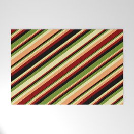 [ Thumbnail: Colorful Green, Pale Goldenrod, Brown, Dark Red & Black Colored Stripes Pattern Welcome Mat ]