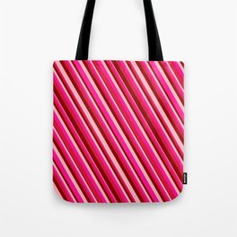 [ Thumbnail: Deep Pink, Crimson, Dark Red, and Light Pink Colored Lines/Stripes Pattern Tote Bag ]