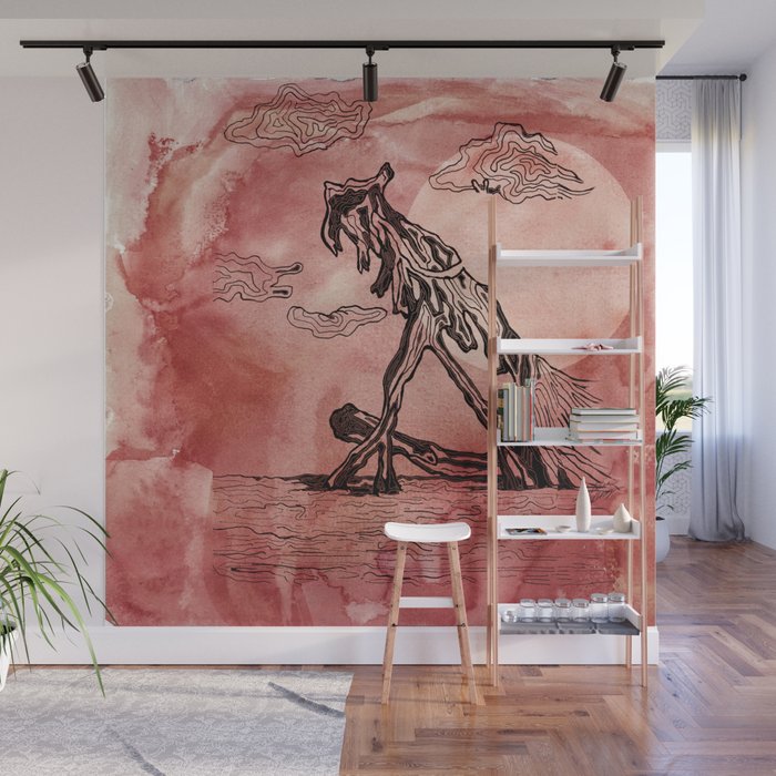 Broken Branches Lay Quiet Tree Drawing On Dusty Rose Watercolor