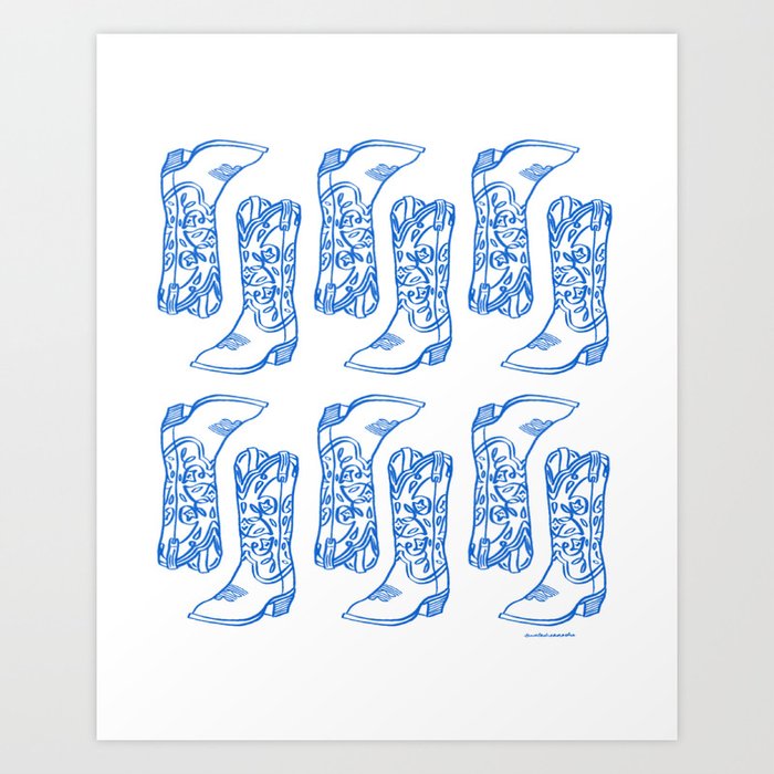 Two step western boots blue Art Print by The Deskflower Society6