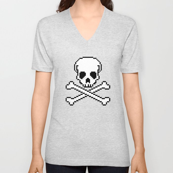 Pixel Skull And Crossbones. V Neck T Shirt