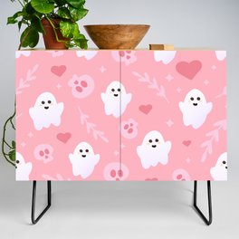 Ghost Cute Seamless Pattern in Pink Colours with Skulls, Hearts and Leaves Credenza