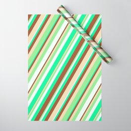 [ Thumbnail: Eye-catching Green, Sienna, Tan, Light Green, and Mint Cream Colored Striped/Lined Pattern Wrapping Paper ]