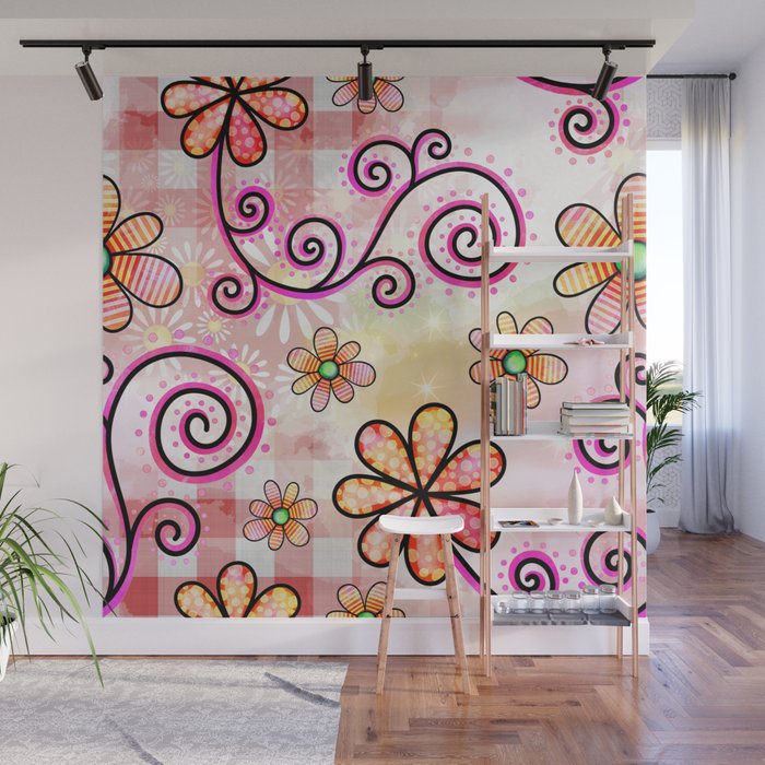 Watercolor Doodle Floral Collage Pattern 06 Wall Mural