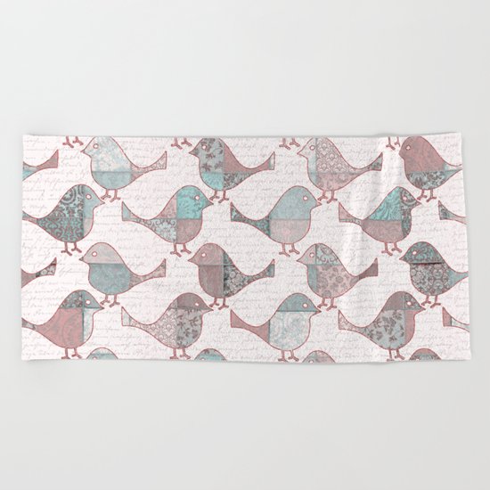 Vintage Patchwork Birds handwriting pastel pattern Beach Towel