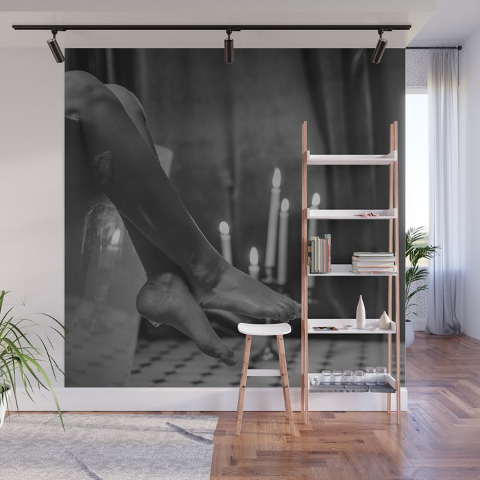 Let it all hang out; female portrait with candles in the bathtub black and white photograph - photography - photographs Wall Mural