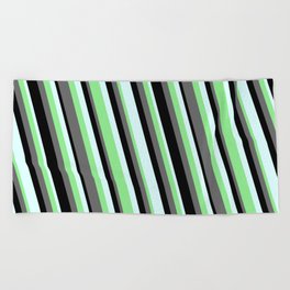 [ Thumbnail: Dim Grey, Black, Light Cyan, and Light Green Colored Striped Pattern Beach Towel ]