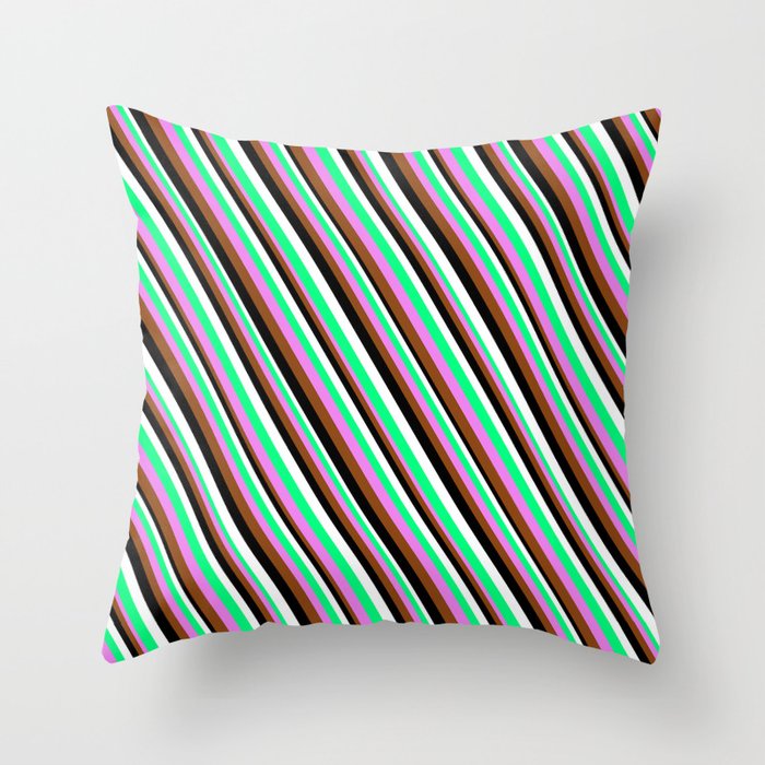 Colorful Green, Violet, Brown, Black & White Colored Stripes Pattern Throw Pillow