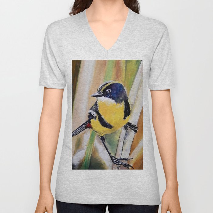 Great tit Yellow  Big Paridae bird in the summer grass V Neck T Shirt