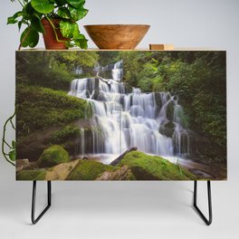 Cascading Water at Mun Daeng Waterfall Rustic Forest Landscape Photograph Credenza