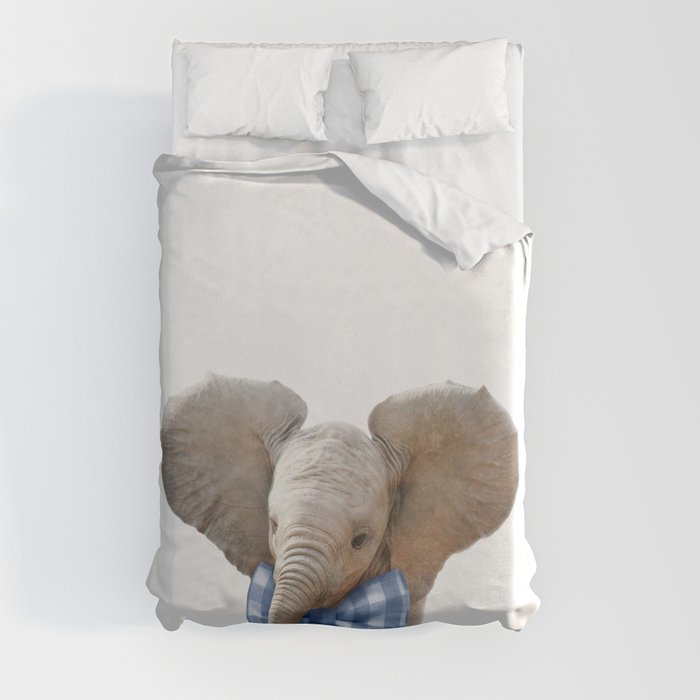 Baby Elephant With Blue Bowtie, Baby Boy Nursery, Safari Animals, Baby Animals Art Print by Synplus Duvet Cover