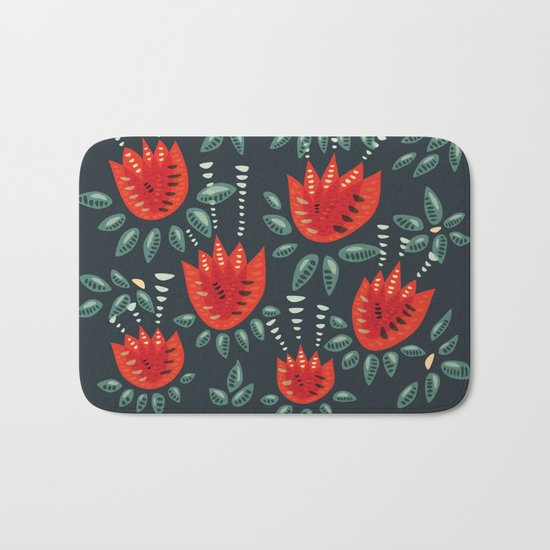 Abstract Red Tulip Floral Pattern Bath Mat