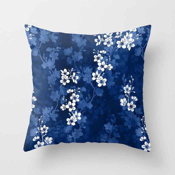 Sakura blossom in deep blue Throw Pillow