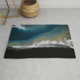 Where the river meets the ocean on a black sand beach in Iceland – Moody Landscape Photography Rug | Nature, Diamond, River, Aerial, Colorful, Minimalism, Sand, Serene, Moody, Beach 