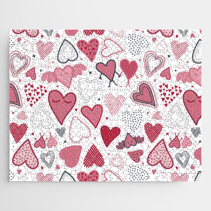 Hand drawn pacific pink and red doodle hearts pattern. Jigsaw Puzzle