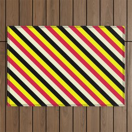 [ Thumbnail: Yellow, Crimson, Light Yellow & Black Colored Stripes/Lines Pattern Outdoor Rug ]