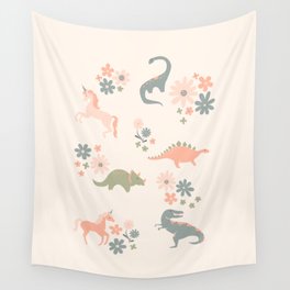 Floral Burst of Dinosaurs and Unicorns in Pink + Green Wall Tapestry