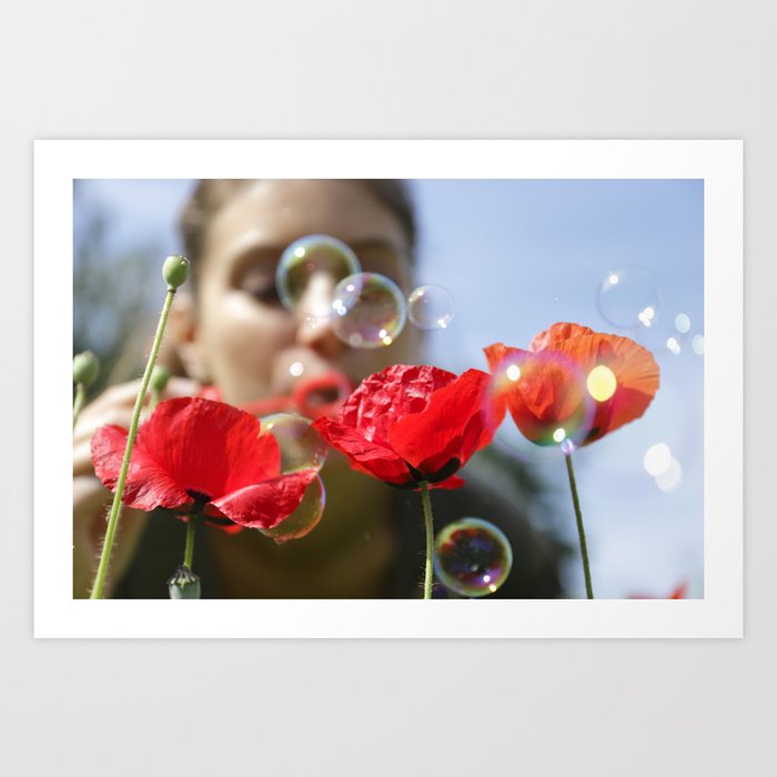 Red poppies fun bubbles and beautiful Russian outdoor girl Art Print