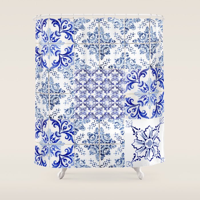 Azulejo VIII Portuguese hand painted blue tiles Travel photography by Ingrid Beddoes Shower