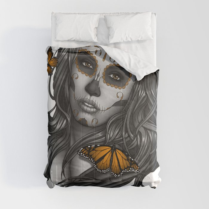 Sugar Skull Tattoo Girl with Butterflies Comforter