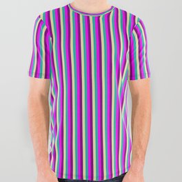 [ Thumbnail: Light Sea Green, Pale Goldenrod, Purple, and Fuchsia Colored Stripes Pattern All Over Graphic Tee ]