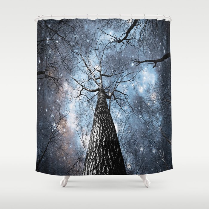 Wintry Trees Galaxy Skies Steel Blue Shower Curtain