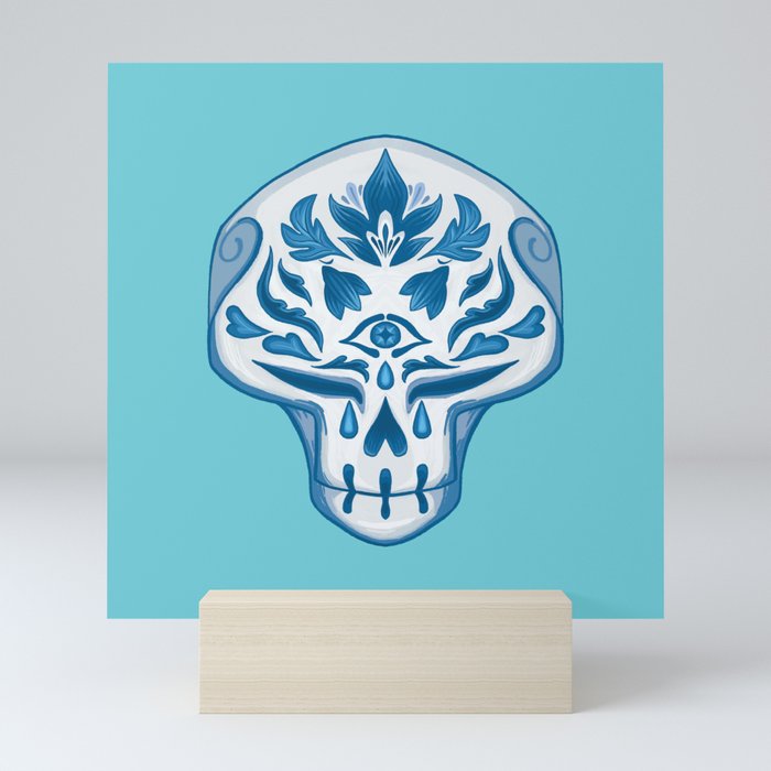 Blue Floral Skull Mini Art Print