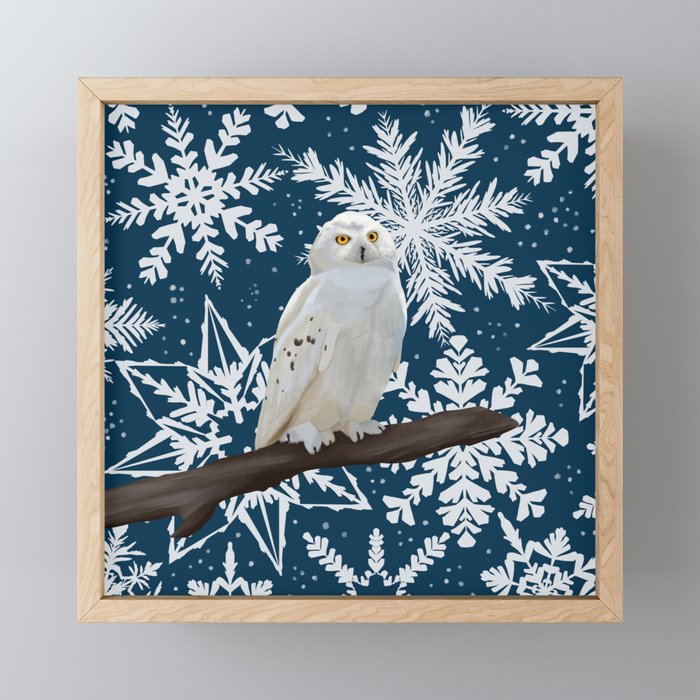 Snowy owl on Blue Snowflake Pattern Framed Mini Art Print