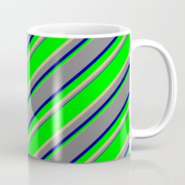 [ Thumbnail: Lime, Tan, Grey & Dark Blue Colored Lined/Striped Pattern Coffee Mug ]