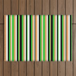 [ Thumbnail: Brown, Lime Green, Black & Mint Cream Colored Stripes Pattern Outdoor Rug ]