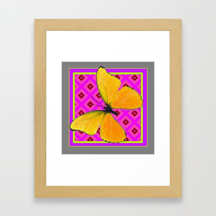 Decorative Fuchsia Purple Color Art Deco Yellow Butterfly Framed Art Print