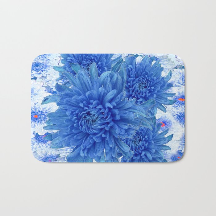 Oriental Style  Blue Chrysanthemums Garden Floral Pattern Bath Mat
