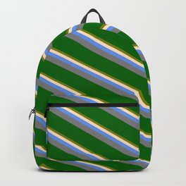 [ Thumbnail: Eyecatching Green, Bisque, Cornflower Blue, Gray, and Dark Green Colored Lined/Striped Pattern Backpack ]