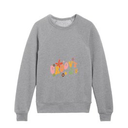 Retro groovy design with flowers and a peace sign Kids Crewneck