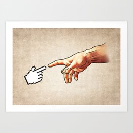 Funny 8bit Nerd & Geek Humor (Creation of Adam Parody) Art Print