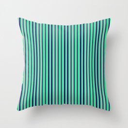 [ Thumbnail: Midnight Blue, Green, and Grey Colored Stripes/Lines Pattern Throw Pillow ]