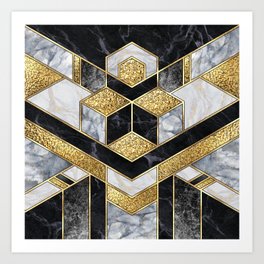 Art Deco Stylish Geometric Gold, Black, White Marble Modern Abstract Design Art Print