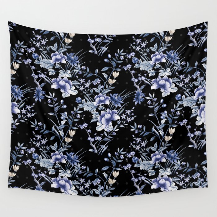 Chinoiserie Flowers and Dots Pattern Blue and Bisque Wall Tapestry