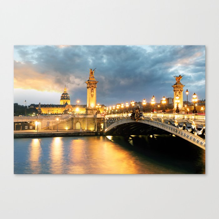 Night view of Paris Bridge Alexandre III Canvas Print