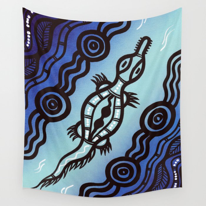 Authentic Aboriginal Art - Crocodile (blue) Wall Tapestry