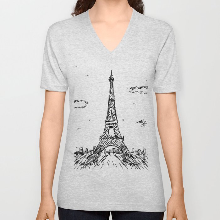 Paris Eiffel Tower Drawing V Neck T Shirt