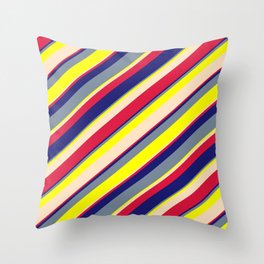 [ Thumbnail: Vibrant Light Slate Gray, Yellow, Bisque, Crimson & Midnight Blue Colored Lines/Stripes Pattern Throw Pillow ]