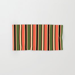 [ Thumbnail: Dark Olive Green, Tan, Red, and Black Colored Striped Pattern Hand & Bath Towel ]