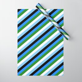 [ Thumbnail: Eye-catching Blue, Forest Green, White, Light Sky Blue & Black Colored Stripes Pattern Wrapping Paper ]