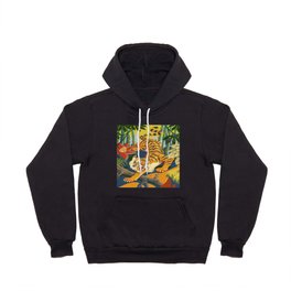 Tiger Slinking Through Jungle illustration - retro style Hoody | Furious, Illustration, Tiger, Acrylic, Striped, Tropicalclimate, Flower, Wild, Old Fashioned, Leaf 