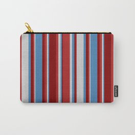 [ Thumbnail: Blue, Light Gray, Red, and Maroon Colored Pattern of Stripes Carry-All Pouch ]